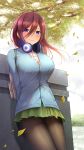  1girl absurdres arms_behind_back bag bangs black_legwear blue_cardigan blue_eyes blush breasts brown_hair button_gap closed_mouth collared_shirt commentary_request day eyebrows_visible_through_hair floating_hair fou_zi go-toubun_no_hanayome green_skirt hair_between_eyes headphones headphones_around_neck highres large_breasts leaning leaves_in_wind light_particles long_hair long_sleeves looking_at_viewer nakano_miku outdoors pantyhose pleated_skirt revision school_bag school_uniform shirt sidelocks skirt smile solo uniform white_shirt wind 
