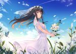  1girl bangs bare_arms blue_sky blush breasts brown_hair bug butterfly clouds commentary day dress floating_hair flower flowers_(innocent_grey) green_eyes head_wreath highres holding holding_flower insect lily_(flower) long_hair looking_at_viewer medium_breasts outdoors parted_lips plant shirahane_suou short_sleeves sidelocks sky solo white_dress white_flower wide_shot wind yongheng_zhi_wu 