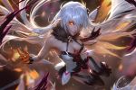  1girl ahoge armor armored_dress bangs bare_shoulders blurry blurry_background breasts cleavage dark_persona diamond-shaped_pupils dress elbow_gloves energy_wings eyebrows_visible_through_hair floating floating_hair fur-trimmed_dress gloves glowing glowing_eyes hair_between_eyes hair_ornament hands_up herrscher_of_the_void honkai_(series) honkai_impact_3 jewelry kiana_kaslana large_breasts light_particles long_hair looking_at_viewer medium_breasts raikoart red_lips sidelocks signature silver_hair single_elbow_glove smile solo symbol-shaped_pupils thigh-highs very_long_hair yellow_eyes 