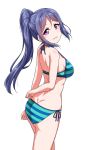  1girl arm_behind_back bangs bare_arms bare_legs bikini blue_hair blush breasts clenched_hands eyebrows_visible_through_hair high_ponytail long_hair looking_at_viewer looking_back love_live! love_live!_sunshine!! matsuura_kanan medium_breasts sidelocks simple_background smile solo solo_focus string_bikini striped striped_bikini swimsuit violet_eyes white_background yopparai_oni 