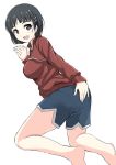  1girl :d barefoot black_eyes black_hair blue_shorts breasts hair_ornament hairclip kirigaya_suguha kneeling large_breasts long_sleeves looking_at_viewer natsuzakura_yuuki open_mouth red_sweater shiny shiny_hair short_hair short_shorts shorts simple_background sketch smile solo sweater sword_art_online white_background 