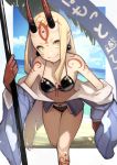  1girl 55level absurdres bare_legs bare_shoulders beach bikini black_bikini black_earrings blonde_hair blue_kimono breasts clouds commentary_request day earrings facial_mark fang fate/grand_order fate_(series) forehead_mark frame highres holding holding_weapon horns ibaraki_douji_(fate/grand_order) ibaraki_douji_(swimsuit_lancer)_(fate) japanese_clothes jewelry kimono long_hair looking_at_viewer navel ocean oni oni_horns out_of_frame pointy_ears shoulder_tattoo sky smile solo swimsuit tattoo water weapon yellow_eyes 