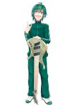  1other :d \m/ absurdres androgynous full_body green_hair green_jacket green_pants guitar guitaro_(yabasaki_taro) highres instrument jacket long_sleeves nijisanji open_mouth pants ryuushen shoes smile sneakers solo standing track_jacket track_pants track_suit violet_eyes virtual_youtuber white_background white_footwear 
