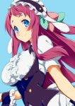  1girl 9law alternate_costume blue_background blue_eyes blush bow breasts frills large_breasts long_hair looking_at_viewer maid maid_headdress minamoto_sakura polka_dot polka_dot_bow puffy_short_sleeves puffy_sleeves redhead short_sleeves simple_background smile solo upper_body zombie_land_saga 