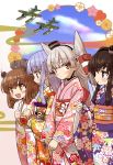  4girls aircraft aircraft_request airplane amatsukaze_(kantai_collection) bangs black_hair blue_eyes blue_hair blue_sky blunt_bangs brown_eyes brown_hair clouds commentary_request floral_print gradient_hair hair_tubes hat hatsukaze_(kantai_collection) headgear headset japanese_clothes kantai_collection kimono long_hair mini_hat monaka_ooji multicolored_hair multiple_girls open_mouth pink_kimono print_kimono purple_kimono short_hair short_hair_with_long_locks sidelocks silver_hair sky smile speaking_tube_headset tokitsukaze_(kantai_collection) two_side_up upper_teeth windsock yellow_kimono yukikaze_(kantai_collection) 