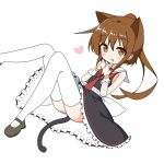  1girl animal_ears ass bangs bare_shoulders black_dress blush brown_eyes brown_footwear brown_hair cat_ears cat_girl cat_tail chestnut_mouth commentary_request dress eyebrows_visible_through_hair frilled_dress frills fumizuki_(kantai_collection) hair_between_eyes heart high_ponytail highres ichi kantai_collection kemonomimi_mode knees_up looking_at_viewer lying necktie on_back parted_lips ponytail red_neckwear sailor_collar sailor_dress shoes sidelocks simple_background sleeveless sleeveless_dress solo tail thigh-highs white_background white_legwear white_sailor_collar 