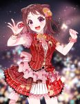  1girl :d asymmetrical_sleeves back_bow bang_dream! bangs blurry blurry_background blush bokeh bow bracelet brown_hair clenched_hand corsage cowboy_shot depth_of_field dew_(dltmf2266) flower flower_bracelet frilled_bow frilled_sleeves frills hair_bow hair_flower hair_ornament holding holding_star jewelry looking_at_viewer medium_hair neck_ribbon open_mouth overskirt pink_bow pink_flower pleated_skirt red_bow red_neckwear red_shirt red_skirt ribbon shirt short_sleeves skirt smile solo sparkle star star_hair_ornament striped striped_shirt toyama_kasumi vertical-striped_shirt vertical-striped_skirt vertical_stripes violet_eyes yellow_flower 