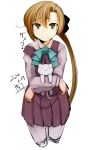  1girl akigumo_(kantai_collection) cat closed_mouth commentary_request cropped_legs crossed_arms dated eyebrows_visible_through_hair forehead furrowed_eyebrows green_eyes green_neckwear hair_between_eyes highres holding holding_cat kantai_collection light_brown_hair long_hair long_sleeves looking_at_viewer momo_(higanbana_and_girl) parted_lips signature simple_background solo strap_slip tears translation_request very_long_hair wavy_mouth white_background white_cat wing_collar 