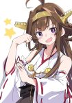  1girl :d ahoge blush brown_hair detached_sleeves eyebrows_visible_through_hair headgear ixy japanese_clothes kantai_collection kongou_(kantai_collection) long_hair looking_at_viewer nontraditional_miko open_mouth simple_background smile solo star violet_eyes white_background wide_sleeves 