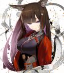  1girl amagi_(azur_lane) animal_ear_fluff animal_ears azur_lane bangs black_kimono blue_eyes blunt_bangs breasts brown_hair checkered checkered_background closed_mouth corset flower fox_ears hair_ornament happi izumo_(user_cmcy2878) japanese_clothes kimono large_breasts multicolored_hair open_clothes purple_hair solo straight_hair tassel thick_eyebrows two-tone_hair upper_body 