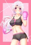  1girl absurdres bangs bare_arms bare_shoulders blush boxing_gloves boyshorts breasts cleavage closed_mouth collarbone commentary_request contrapposto cowboy_shot eyebrows_visible_through_hair hair_ornament hair_ribbon hairclip hand_up highres long_hair looking_at_viewer low_ponytail medium_breasts navel nijisanji pink_background ribbon shiina_yuika shiny shiny_hair shirouzu_myuuta short_shorts shorts smile smiley_face solo sports_bra stomach tareme toned very_long_hair violet_eyes white_hair 