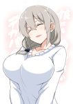  1girl breasts closed_eyes collarbone grey_hair hair_between_eyes hair_over_shoulder head_tilt large_breasts medium_hair parted_lips sidelocks smile sweater tawashi1623 translation_request upper_body uzaki-chan_wa_asobitai! uzaki_tsuki v_arms white_sweater 