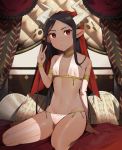  1girl absurdres bare_shoulders barefoot bed black_hair breasts dark_skin elbow_gloves gloves highres horns huge_filesize long_hair looking_at_viewer navel original parted_lips pillow pointy_ears red_eyes shibainu single_thighhigh sitting small_breasts solo thigh-highs v yokozuwari 