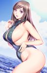  1girl bare_shoulders breasts brown_hair curvy from_side highres large_breasts lipstick long_hair looking_at_viewer makeup one-piece_swimsuit open_mouth original saigadou sideboob smile solo swimsuit turtleneck violet_eyes 