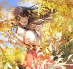  1girl 888myrrh888 :d bangs blue_sky branch brown_hair commentary_request dress hakama_skirt highres leaf long_hair looking_at_viewer looking_back open_mouth original red_dress shirt sky sleeves_rolled_up smile white_shirt yellow_eyes 