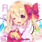  1girl 2019 ;d ascot blonde_hair bow crystal dated eyebrows_visible_through_hair flandre_scarlet hair_bow heart heart-shaped_pupils long_hair looking_at_viewer no_hat no_headwear one_eye_closed open_mouth puffy_short_sleeves puffy_sleeves red_bow red_eyes short_sleeves side_ponytail signature smile solo symbol-shaped_pupils touhou unya_(coco121955) upper_body v wings wrist_cuffs yellow_neckwear 