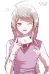  1girl ahoge akamatsu_kaede artist_name blonde_hair breasts cellphone commentary_request dangan_ronpa eighth_note eyebrows_visible_through_hair heart holding holding_cellphone holding_phone large_breasts long_hair long_sleeves looking_at_viewer musical_note musical_note_hair_ornament necktie new_dangan_ronpa_v3 number one_eye_closed open_mouth phone pink_eyes pink_sweater_vest red_heart red_neckwear school_uniform shirt simple_background smile solo sweater_vest upper_body white_background white_shirt z-epto_(chat-noir86) 