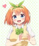  1girl :d absurdres agung_syaeful_anwar bangs blue_eyes blush bow breasts collarbone collared_shirt commentary eyebrows_visible_through_hair go-toubun_no_hanayome green_background green_bow green_hairband green_ribbon hair_between_eyes hair_ribbon hairband hands_up head_tilt heart heart_hands highres large_breasts looking_at_viewer nakano_yotsuba open_mouth orange_hair polka_dot polka_dot_background ribbon round_teeth shirt short_hair short_sleeves smile solo sweater_vest teeth two-tone_background upper_body white_background white_shirt 