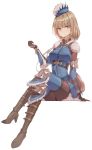  1girl armor bangs blue_hat blue_legwear blue_shirt boots breasts brown_bodysuit brown_eyes brown_footwear brown_gloves brown_hair elbow_pads eyebrows_visible_through_hair full_body gloves hat highres invisible_chair knee_pads legs_crossed looking_at_viewer medium_breasts monster_hunter monster_hunter:_world shield shirt simple_background sitting solo tobi-kadachi_(armor) white_background xuan_(pixiv31113827) 