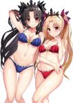  2girls arm_across_waist arm_behind_head bangs bare_shoulders black_hair blonde_hair blue_bra blue_panties blush bra breasts cleavage collarbone earrings ereshkigal_(fate/grand_order) eyebrows_visible_through_hair fate/grand_order fate_(series) hair_ribbon hand_up harimoji ishtar_(fate/grand_order) jewelry long_hair looking_at_viewer medium_breasts multiple_girls navel panties parted_bangs red_bra red_eyes red_panties ribbon ribbon-trimmed_bra shiny shiny_skin sidelocks simple_background smile stomach thighs tiara two_side_up underwear white_background 