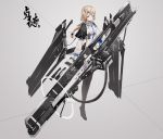  1844210356 1girl absurdres blonde_hair blue_eyes braid breasts capelet character_request flower full_body girls_frontline grey_background gun hair_flower hair_ornament hair_ribbon hairclip highres huge_weapon mecha_musume pantyhose ribbon sailor_collar science_fiction serious small_breasts solo weapon 