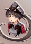  1girl ? alternate_costume anchor black_hair blue_eyes cosplay eyebrows_visible_through_hair grey_background hat highres houshou_(kantai_collection) iron_cross kantai_collection long_hair open_mouth peaked_cap ponytail prinz_eugen_(kantai_collection) prinz_eugen_(kantai_collection)_(cosplay) sazamiso_rx simple_background solo uniform upper_body 