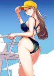  ass brown_eyes brown_hair closed_mouth competition_swimsuit curvy day dytm from_behind from_below hat highleg highleg_swimsuit large_breasts lifeguard_chair looking_at_viewer looking_back one-piece_swimsuit pool_monitor_part-timer_(dytm) shade sky smile swimsuit 