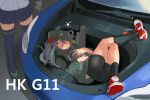  2girls assault_rifle black_legwear black_shorts coat commentary_request g11_(girls_frontline) girls_frontline green_hat green_jacket gun h&amp;k_g11 hat hirundo_rustica hk416_(girls_frontline) holding holding_gun holding_weapon jacket knee_pads kneehighs lying messy_hair multiple_girls on_back open_clothes open_coat out_of_frame pleated_skirt rifle shoes shorts shoulder_cutout skirt sneakers tesla_model_s thigh-highs weapon 