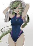  1girl 510ksk :d arm_up armpits blush breasts collarbone commentary_request competition_swimsuit covered_navel cowboy_shot gradient gradient_background green_eyes green_hair grimoire_~shiritsu_grimoire_mahou_gakuen~ hattori_azusa highres long_hair looking_at_viewer medium_breasts one-piece_swimsuit open_mouth ponytail smile solo sparkle swimsuit thigh_gap towel towel_on_head very_long_hair water_drop wet 