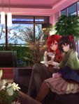  10s 2girls black_hair couch cup hair_ribbon highres indoors long_hair love_live! love_live!_school_idol_festival love_live!_school_idol_project mug multiple_girls nishikino_maki orein pink_eyes plant red_eyes redhead ribbon room saucer short_hair sitting skirt smile twintails violet_eyes window winter_clothes yazawa_nico 