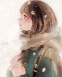  1girl artist_name brown_eyes brown_hair crying crying_with_eyes_open faux_traditional_media hair_ornament highres orie_h original scarf short_hair signature simple_background snow snowflake_hair_ornament solo tears 