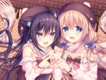 2girls :d animal_ear_fluff animal_ears bangs bare_shoulders black_hair blonde_hair blue_eyes blush breasts brown_skirt cat_ears cat_tail character_name chocolate_bar cleavage commentary_request eyebrows_visible_through_hair fang hair_between_eyes hair_ribbon hand_up hat heart heart_hands heart_hands_duo high-waist_skirt long_hair long_sleeves looking_at_viewer medium_breasts multiple_girls off_shoulder open_mouth original plaid plaid_scarf ribbon scarf shirt side-by-side sidelocks skirt smile sorai_shin&#039;ya tail traene_(sorai_shin&#039;ya) violet_eyes white_shirt 
