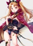  1girl bangs black_legwear black_leotard blonde_hair blush breasts cape chiyosuke_(nosuke21) detached_collar earrings ereshkigal_(fate/grand_order) fate/grand_order fate_(series) fur-trimmed_cape fur_trim hand_on_hip hand_on_own_chest highres hoop_earrings jewelry leotard long_hair looking_at_viewer medium_breasts open_mouth parted_bangs red_cape red_eyes red_ribbon ribbon simple_background single_sleeve single_thighhigh skull solo spine thigh-highs thighs tiara tohsaka_rin two_side_up 
