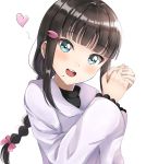  1girl :d bangs black_shirt blue_eyes blunt_bangs blush bow braid brown_hair commentary_request eyebrows_visible_through_hair hair_bow hair_ornament hairclip hands_up head_tilt heart highres jacket kurosawa_dia long_hair long_sleeves looking_at_viewer love_live! love_live!_sunshine!! low_ponytail mole mole_under_eye open_mouth own_hands_together pink_bow ponytail round_teeth shirt sidelocks sin_(sin52y) single_braid smile solo teeth upper_teeth white_jacket 