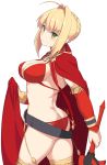  1girl ahoge ass bikini braided_bun breasts cleavage cowboy_shot detached_sleeves fate/grand_order fate_(series) from_side green_eyes hair_ribbon head_tilt holding holding_sword holding_weapon large_breasts looking_at_viewer nero_claudius_(fate)_(all) nero_claudius_(swimsuit_caster)_(fate) red_bikini red_cloak red_ribbon red_sleeves ribbon shiny shiny_hair shiseki_hirame short_hair_with_long_locks sideboob sidelocks simple_background smile solo standing swimsuit sword weapon white_background 