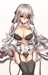  1girl bangs black_panties blush bow breasts cenangam cleavage eyebrows_visible_through_hair flying_sweatdrops garter_belt garter_straps girls_frontline hair_between_eyes hair_ornament hair_ribbon hairclip iws-2000_(girls_frontline) jacket large_breasts long_hair looking_at_viewer military military_uniform open_clothes open_jacket panties pleated_skirt red_eyes ribbon shirt sidelocks silver_hair sitting skirt smile solo thighs underwear uniform work_in_progress 