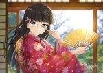  1girl artist_name bangs black_hair blunt_bangs closed_mouth eyebrows_visible_through_hair fan green_eyes hair_ornament highres holding holding_fan japanese_clothes kimono kurosawa_dia long_hair long_sleeves love_live! love_live!_sunshine!! red_kimono shamakho signature smile solo upper_body wide_sleeves 