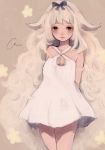  1girl animal_ears artist_name bare_shoulders bell bow dress eyelashes faux_traditional_media grey_eyes hair_bow highres long_hair looking_at_viewer orie_h original sheep_ears sheep_girl signature solo 