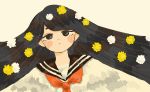  1girl ascot black_eyes black_hair black_sailor_collar blush flower hair_flower hair_ornament highres long_hair looking_at_viewer no_nose original red_neckwear sailor_collar sakura_szm sepia_background shirt simple_background solo upper_body white_flower white_shirt yellow_flower 