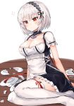  1girl azur_lane bangs breasts choker cleavage commentary_request dress eyebrows_visible_through_hair hairband highres large_breasts plate red_eyes ribbon short_hair short_sleeves sidelocks sirius_(azur_lane) sitting_on_floor solo thigh-highs white_legwear xenonstriker 