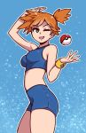  1girl akairiot arm_up bikini blue_background blue_bikini creatures_(company) eyebrows_visible_through_hair game_freak green_eyes highres kasumi_(pokemon) looking_at_viewer nintendo one_eye_closed open_mouth orange_hair outline poke_ball poke_ball_(generic) pokemon pokemon_(game) pokemon_rgby revision side_ponytail smile solo sports_bikini swimsuit white_outline wristband 