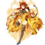  1girl absurdres ahoge aura avaloki black_legwear breasts commentary commission english_commentary full_body gold_dress heterochromia highres large_breasts long_hair mechanical_arm prosthesis prosthetic_arm red_eyes redhead rwby tail wavy_hair yang_xiao_long yellow_eyes 