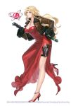  1girl blonde_hair breasts cleavage commentary_request dress gloves gun high_heels long_hair official_art opera_vectra red_dress solo square_enix star_ocean star_ocean_the_second_story suda_ayaka third_eye weapon yellow_eyes 
