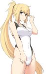  1girl absurdly_long_hair bangs black_scrunchie blonde_hair blue_eyes blush competition_swimsuit covered_navel eyebrows_visible_through_hair fate/grand_order fate_(series) floating_hair full_body groin hair_ornament hair_scrunchie high_ponytail highleg highleg_swimsuit jeanne_d&#039;arc_(fate)_(all) jeanne_d&#039;arc_(swimsuit_archer) long_hair looking_at_viewer one-piece_swimsuit scrunchie shiseki_hirame simple_background smile solo standing swimsuit very_long_hair whistle white_background white_swimsuit 