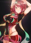  1girl arms_up bangs black_background blush breasts closed_mouth commentary_request covered_navel earrings eyebrows_visible_through_hair glowing groin hair_between_eyes headpiece highres pyra_(xenoblade) jewelry large_breasts looking_at_viewer nintendo one_eye_closed orange_eyes ormille red_shorts redhead short_hair shorts simple_background skindentation smile solo standing swept_bangs tiara xenoblade_(series) xenoblade_2 