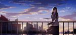  1girl arm_behind_back backlighting bangs black_hair black_scarf black_skirt blue_sky blush building city closed_mouth clouds commentary_request dawn facing_viewer feet_out_of_frame grey_sweater hand_up highres kisui_(user_wswf3235) landscape long_hair long_sleeves morning original outdoors railing river scarf skirt sky smile solo standing sunlight sweater wind 