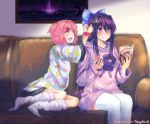  2girls :d artist_name bandage bandaged_arm bandages blue_bow book bow casual commentary couch cupcake doki_doki_literature_club english_commentary fang food food_print hair_bow hair_ornament hairclip holding holding_book holding_food indoors long_hair long_sleeves loose_socks multiple_girls natsuki_(doki_doki_literature_club) open_mouth painting_(object) pink_eyes pink_hair purple_hair reading short_hair sitting smile takuyarawr thigh-highs two_side_up very_long_hair violet_eyes white_legwear wide_sleeves yuri_(doki_doki_literature_club) 