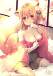  1girl animal_ear_fluff animal_ears bangs bare_shoulders black_skirt blonde_hair blurry blurry_background blush breasts chita_(ketchup) cleavage closed_mouth collarbone commentary_request depth_of_field eyebrows_visible_through_hair flower fox_ears fox_girl fox_tail hair_between_eyes hair_flower hair_ornament hand_to_own_mouth hand_up head_tilt highres japanese_clothes kimono large_breasts long_hair long_sleeves looking_at_viewer off_shoulder original pink_flower pleated_skirt red_eyes red_kimono short_eyebrows signature sitting skindentation skirt smile solo tail tatami thick_eyebrows thigh-highs very_long_hair white_legwear wide_sleeves 