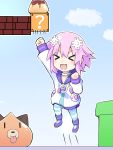  &gt;_&lt; 1girl :d ?_block arm_up blue_sky brick chibi choujigen_game_neptune clouds collar commentary_request d-pad d-pad_hair_ornament dogoo doria_(5073726) drawstring food gameplay_mechanics hair_ornament hood hooded_jacket hoodie jacket jumping super_mario_bros. neptune_(neptune_series) neptune_(series) nintendo open_mouth outdoors pipe pudding purple_hair short_hair sky smile striped striped_legwear super_mario_bros. thigh-highs usb v-shaped_eyebrows xd 