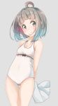  1girl ahoge arms_behind_back bare_arms bare_shoulders blush breasts brown_eyes brown_hair casual_one-piece_swimsuit closed_mouth collarbone comah gluteal_fold grey_background one-piece_swimsuit original short_hair simple_background small_breasts smile solo swimsuit thigh_gap white_swimsuit 